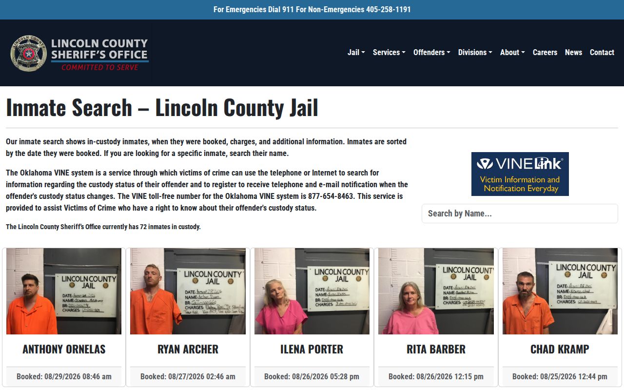 Lincoln County current custody booking roster search interface