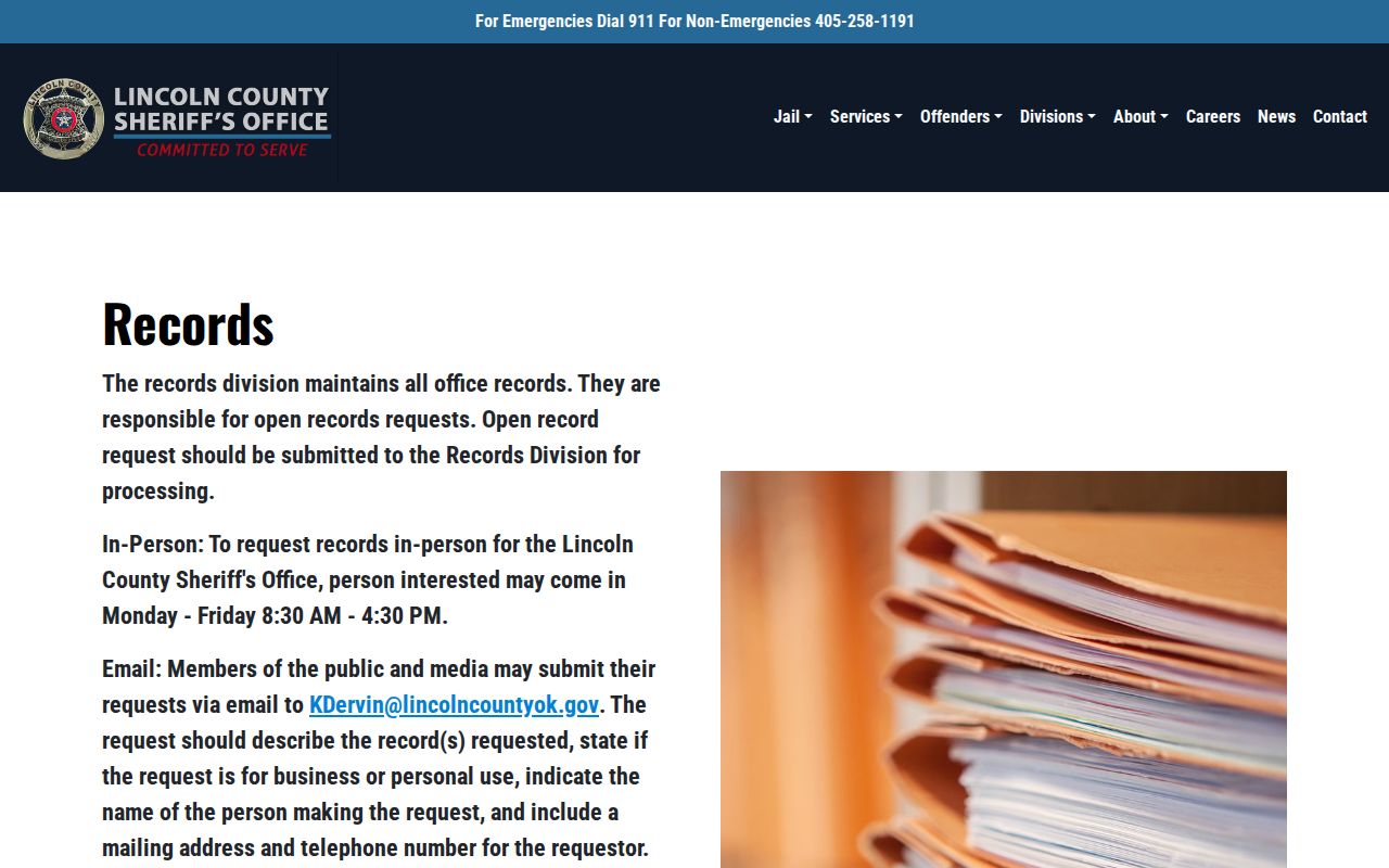 Lincoln County booking record request information from LCSO Records